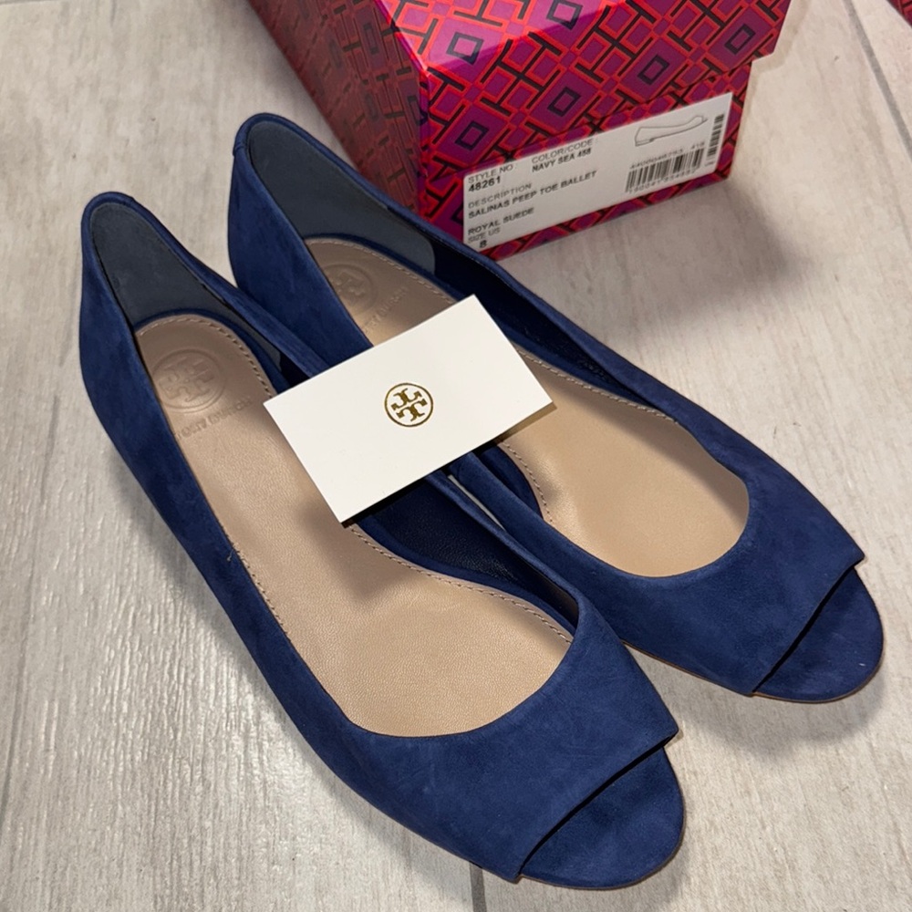 NEW! Tory Burch Women's Salina’s Peep-Toe Ballet Flats Navy Blue